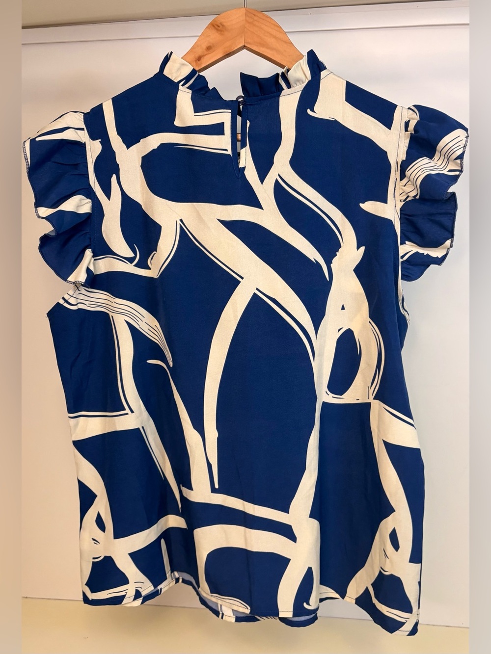 Navy & White Abstract Ruffle Sleeve Blouse - Picture 2 of 3